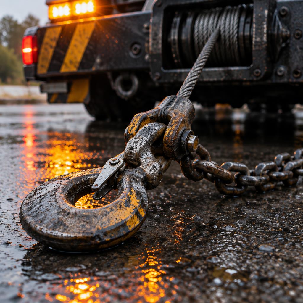 A tow truck winch hook and chain resting on wet asphalt