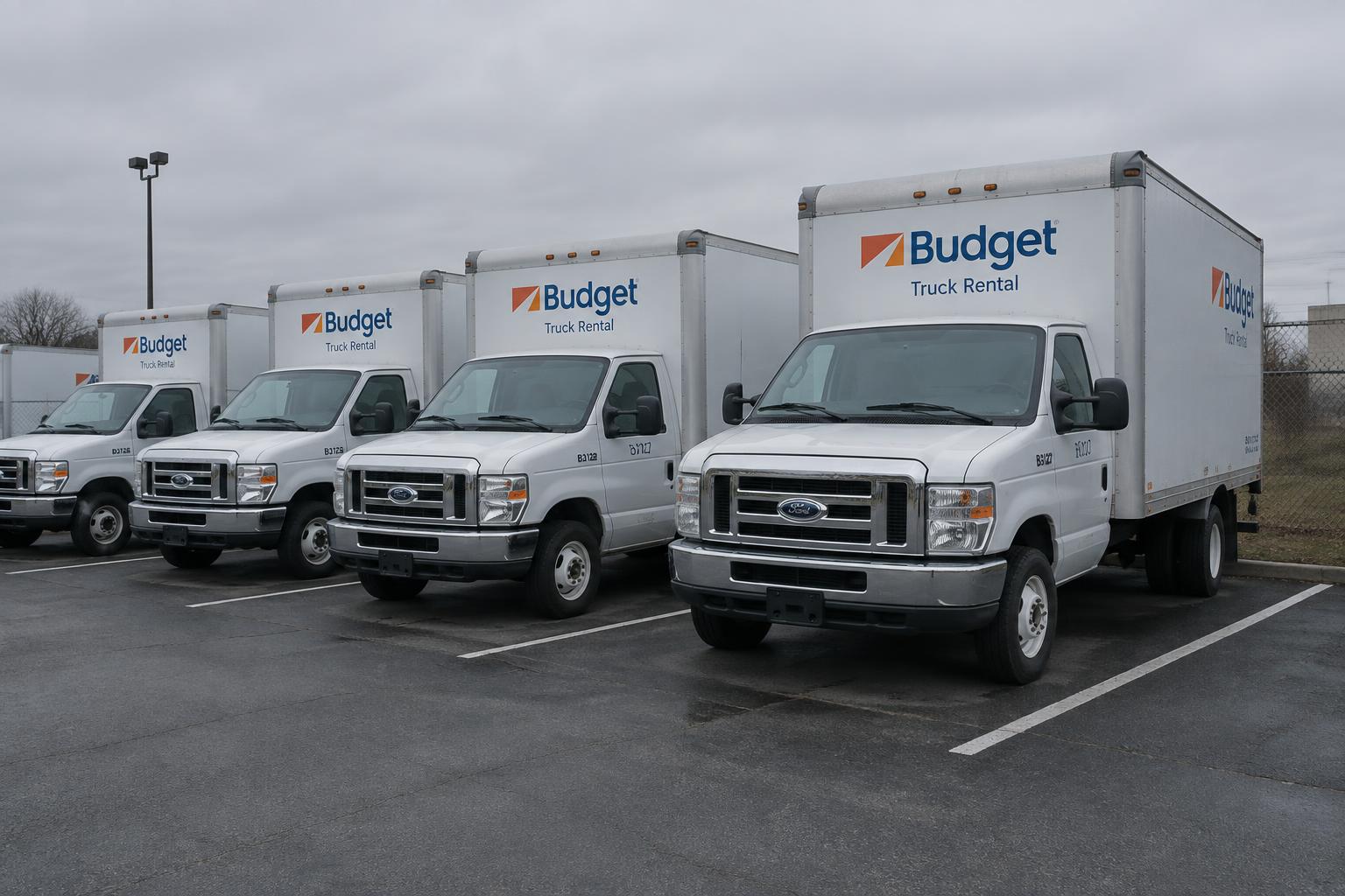 A row of white moving trucks parked in a rental lot on an overcast morning